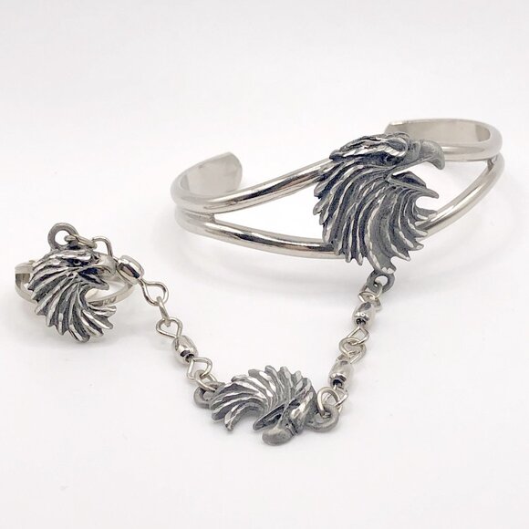 EJC '95 Silver tone Southwestern Eagle Bracelet Chained with Ring Size 8 - Picture 1 of 12
